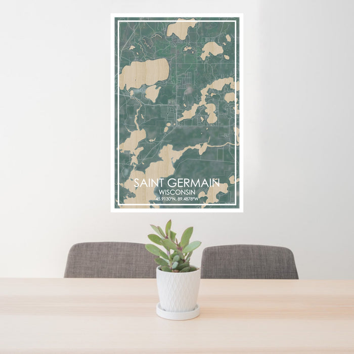 24x36 Saint Germain Wisconsin Map Print Portrait Orientation in Afternoon Style Behind 2 Chairs Table and Potted Plant