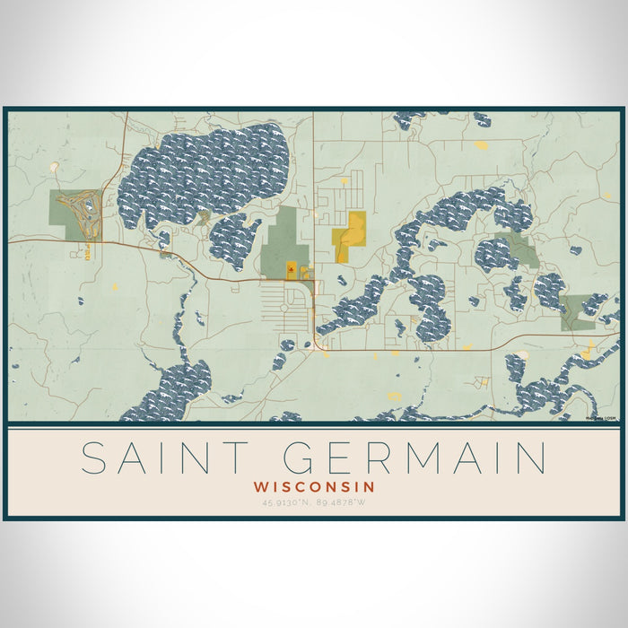 Saint Germain Wisconsin Map Print Landscape Orientation in Woodblock Style With Shaded Background