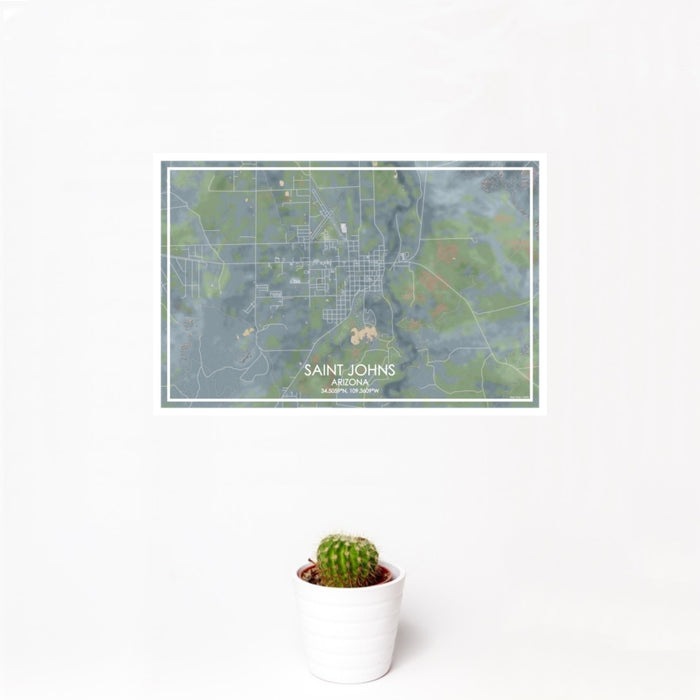 12x18 Saint Johns Arizona Map Print Landscape Orientation in Afternoon Style With Small Cactus Plant in White Planter