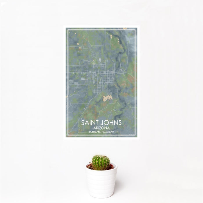 12x18 Saint Johns Arizona Map Print Portrait Orientation in Afternoon Style With Small Cactus Plant in White Planter