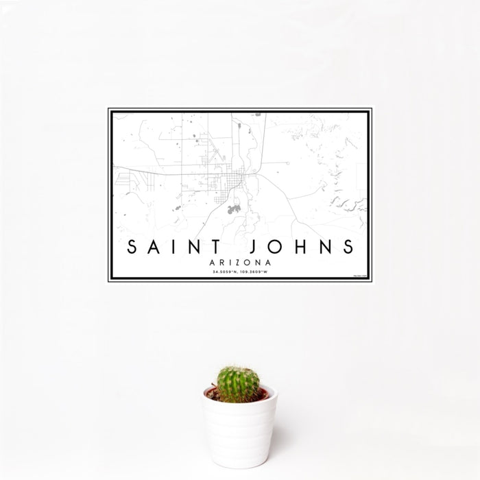 12x18 Saint Johns Arizona Map Print Landscape Orientation in Classic Style With Small Cactus Plant in White Planter