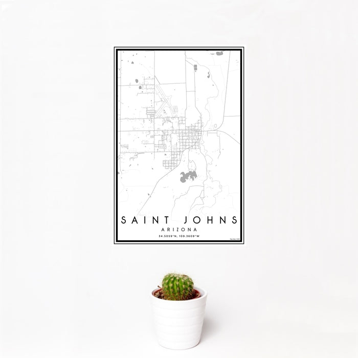 12x18 Saint Johns Arizona Map Print Portrait Orientation in Classic Style With Small Cactus Plant in White Planter
