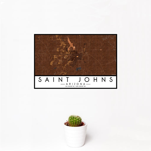 12x18 Saint Johns Arizona Map Print Landscape Orientation in Ember Style With Small Cactus Plant in White Planter