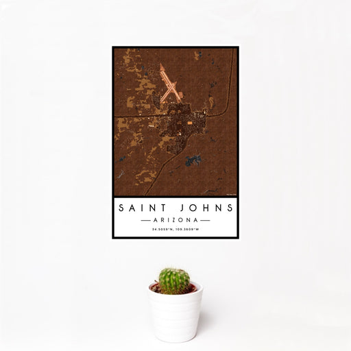 12x18 Saint Johns Arizona Map Print Portrait Orientation in Ember Style With Small Cactus Plant in White Planter