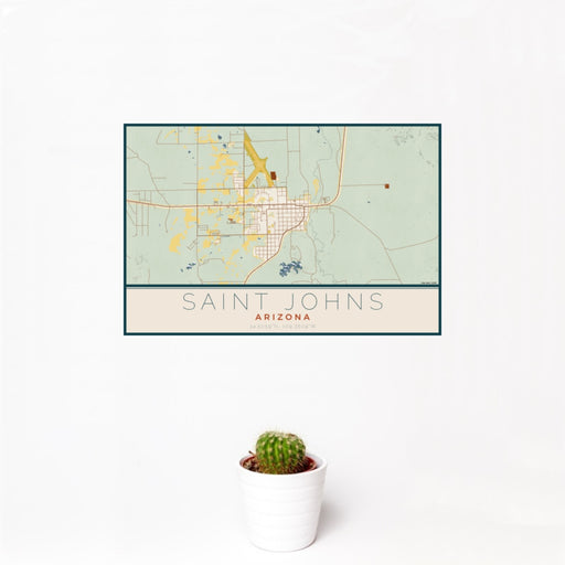 12x18 Saint Johns Arizona Map Print Landscape Orientation in Woodblock Style With Small Cactus Plant in White Planter