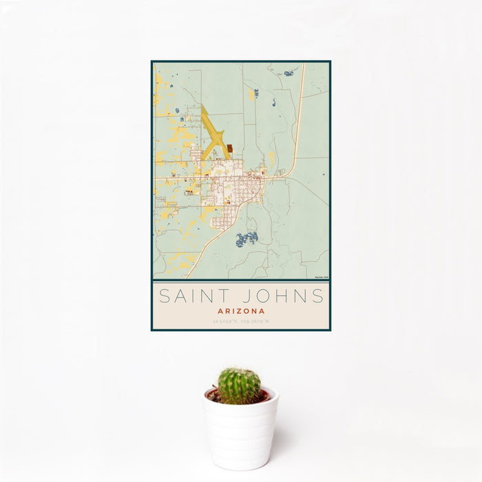12x18 Saint Johns Arizona Map Print Portrait Orientation in Woodblock Style With Small Cactus Plant in White Planter