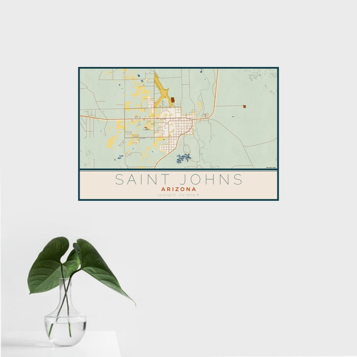 16x24 Saint Johns Arizona Map Print Landscape Orientation in Woodblock Style With Tropical Plant Leaves in Water
