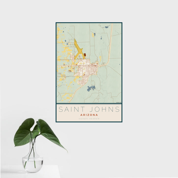 16x24 Saint Johns Arizona Map Print Portrait Orientation in Woodblock Style With Tropical Plant Leaves in Water