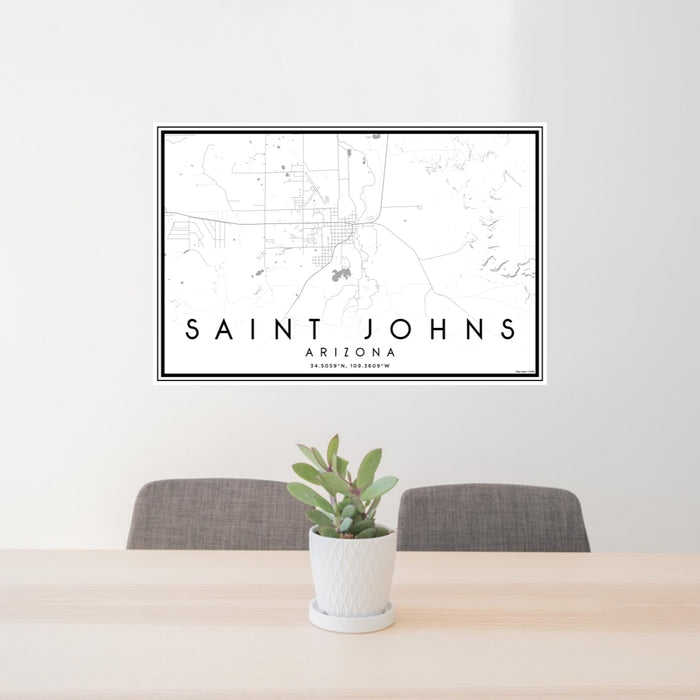 24x36 Saint Johns Arizona Map Print Lanscape Orientation in Classic Style Behind 2 Chairs Table and Potted Plant