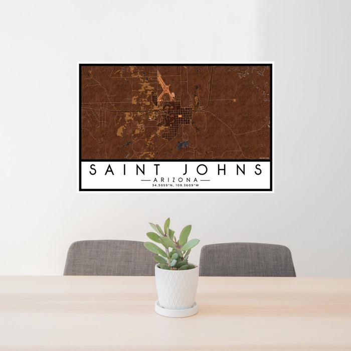 24x36 Saint Johns Arizona Map Print Lanscape Orientation in Ember Style Behind 2 Chairs Table and Potted Plant