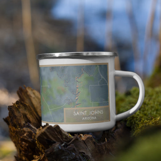 Right View Custom Saint Johns Arizona Map Enamel Mug in Afternoon on Grass With Trees in Background