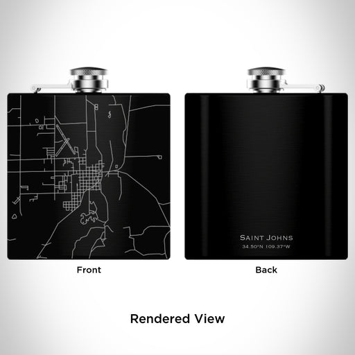 Rendered View of Saint Johns Arizona Map Engraving on 6oz Stainless Steel Flask in Black