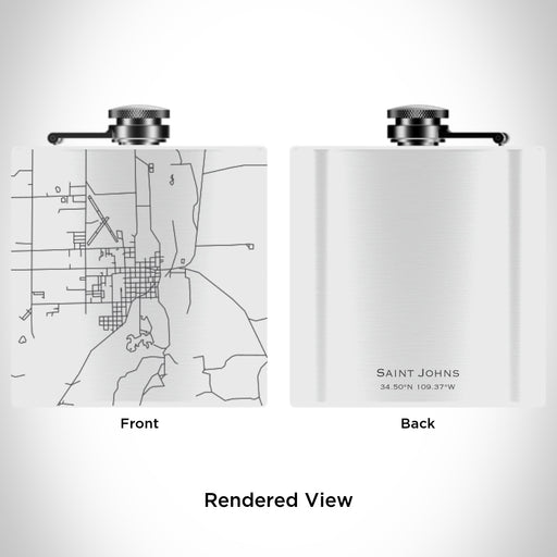Rendered View of Saint Johns Arizona Map Engraving on 6oz Stainless Steel Flask in White