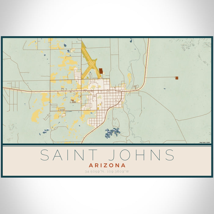 Saint Johns Arizona Map Print Landscape Orientation in Woodblock Style With Shaded Background