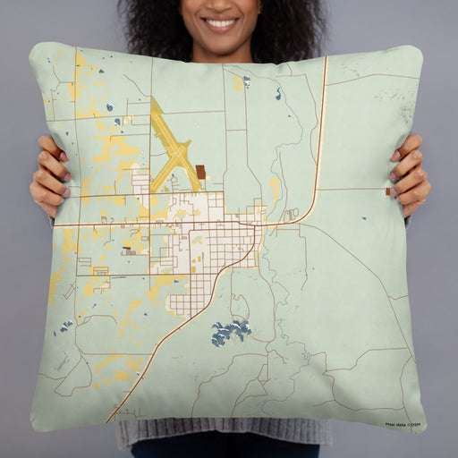 Person holding 22x22 Custom Saint Johns Arizona Map Throw Pillow in Woodblock