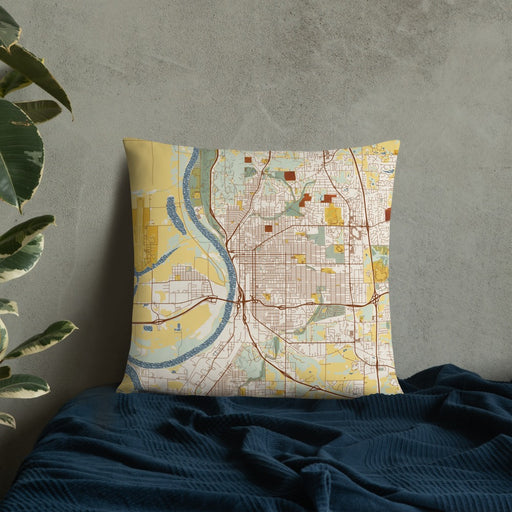 Custom Saint Joseph Missouri Map Throw Pillow in Woodblock on Bedding Against Wall