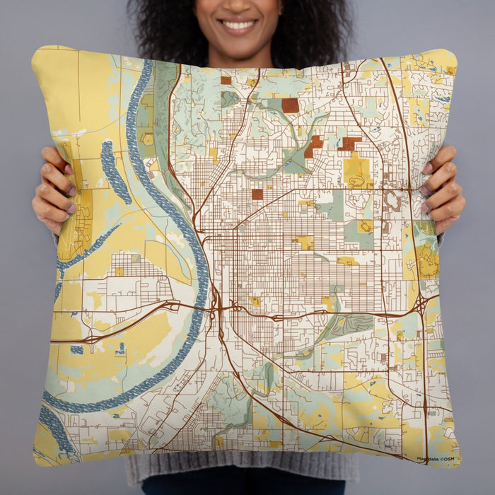Person holding 22x22 Custom Saint Joseph Missouri Map Throw Pillow in Woodblock