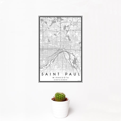12x18 Saint Paul Minnesota Map Print Portrait Orientation in Classic Style With Small Cactus Plant in White Planter