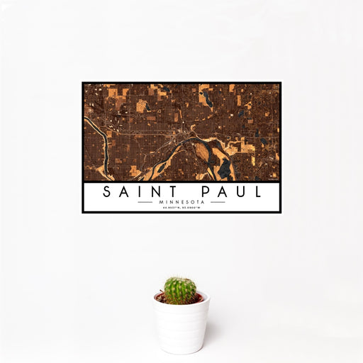12x18 Saint Paul Minnesota Map Print Landscape Orientation in Ember Style With Small Cactus Plant in White Planter