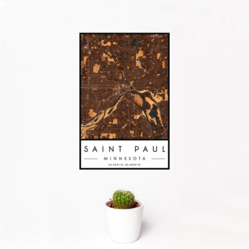 12x18 Saint Paul Minnesota Map Print Portrait Orientation in Ember Style With Small Cactus Plant in White Planter