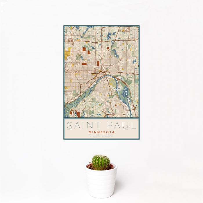 12x18 Saint Paul Minnesota Map Print Portrait Orientation in Woodblock Style With Small Cactus Plant in White Planter