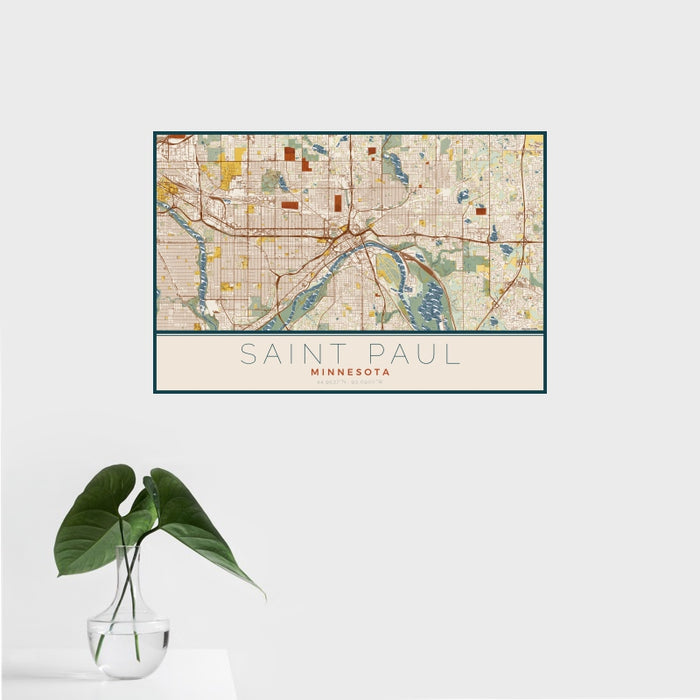 16x24 Saint Paul Minnesota Map Print Landscape Orientation in Woodblock Style With Tropical Plant Leaves in Water