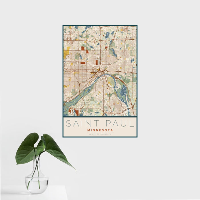 16x24 Saint Paul Minnesota Map Print Portrait Orientation in Woodblock Style With Tropical Plant Leaves in Water