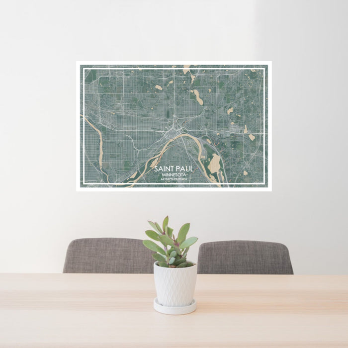 24x36 Saint Paul Minnesota Map Print Lanscape Orientation in Afternoon Style Behind 2 Chairs Table and Potted Plant