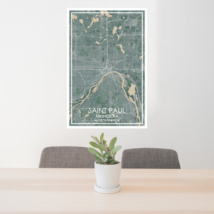 24x36 Saint Paul Minnesota Map Print Portrait Orientation in Afternoon Style Behind 2 Chairs Table and Potted Plant