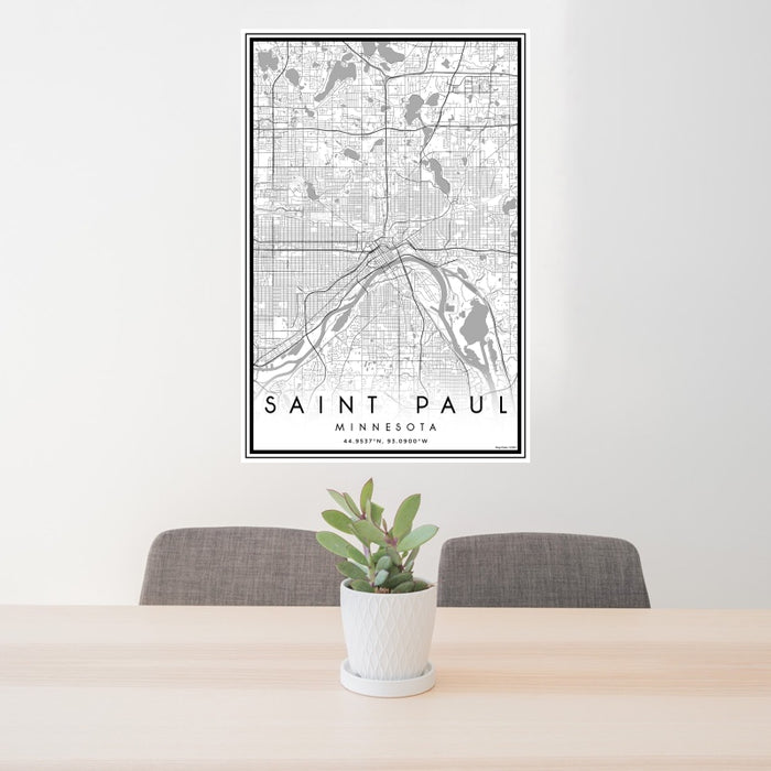 24x36 Saint Paul Minnesota Map Print Portrait Orientation in Classic Style Behind 2 Chairs Table and Potted Plant