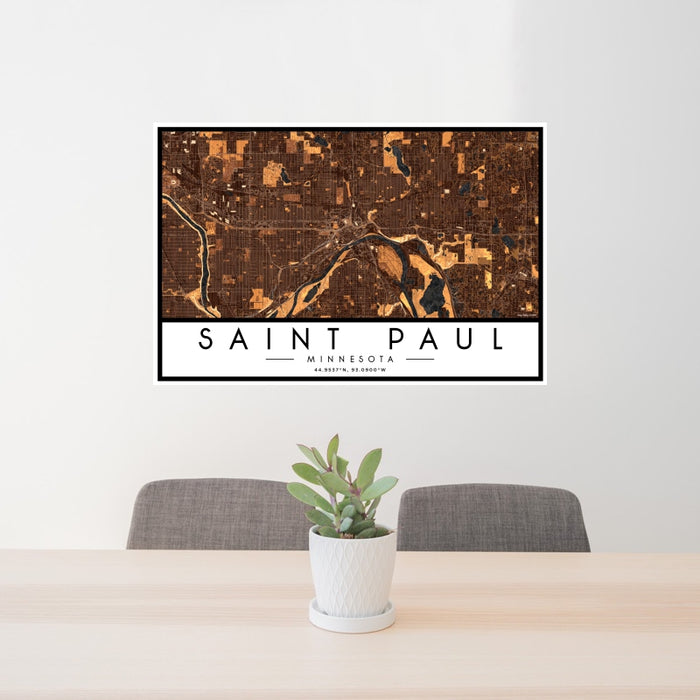 24x36 Saint Paul Minnesota Map Print Lanscape Orientation in Ember Style Behind 2 Chairs Table and Potted Plant