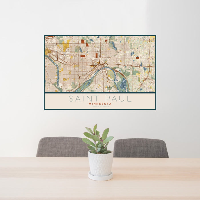 24x36 Saint Paul Minnesota Map Print Lanscape Orientation in Woodblock Style Behind 2 Chairs Table and Potted Plant