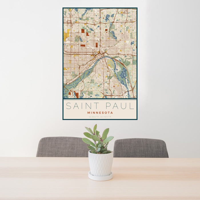 24x36 Saint Paul Minnesota Map Print Portrait Orientation in Woodblock Style Behind 2 Chairs Table and Potted Plant