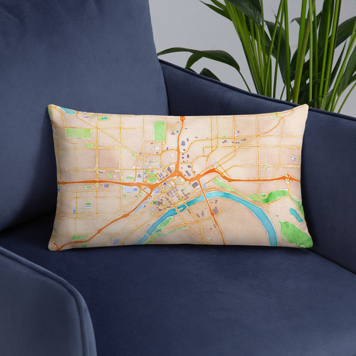 Custom Saint Paul Minnesota Map Throw Pillow in Watercolor on Blue Colored Chair