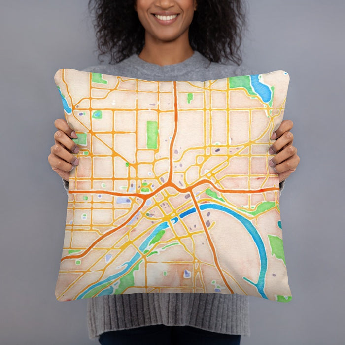 Person holding 18x18 Custom Saint Paul Minnesota Map Throw Pillow in Watercolor