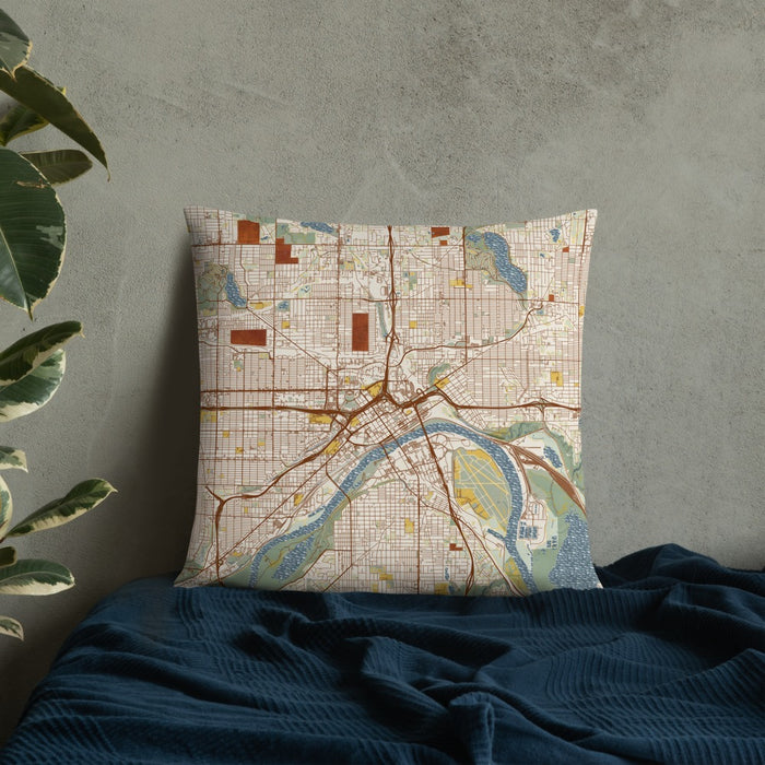 Custom Saint Paul Minnesota Map Throw Pillow in Woodblock on Bedding Against Wall
