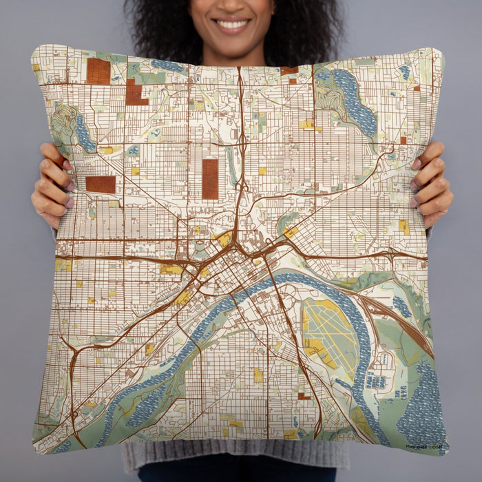 Person holding 22x22 Custom Saint Paul Minnesota Map Throw Pillow in Woodblock