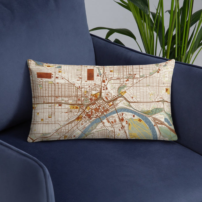 Custom Saint Paul Minnesota Map Throw Pillow in Woodblock on Blue Colored Chair