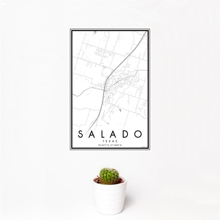 12x18 Salado Texas Map Print Portrait Orientation in Classic Style With Small Cactus Plant in White Planter