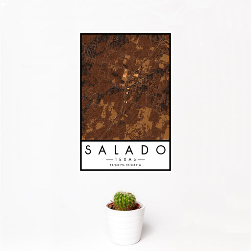 12x18 Salado Texas Map Print Portrait Orientation in Ember Style With Small Cactus Plant in White Planter
