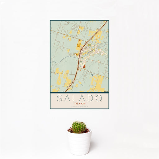 12x18 Salado Texas Map Print Portrait Orientation in Woodblock Style With Small Cactus Plant in White Planter