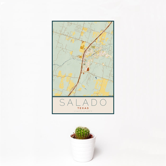 12x18 Salado Texas Map Print Portrait Orientation in Woodblock Style With Small Cactus Plant in White Planter
