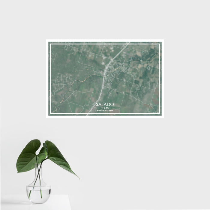 16x24 Salado Texas Map Print Landscape Orientation in Afternoon Style With Tropical Plant Leaves in Water