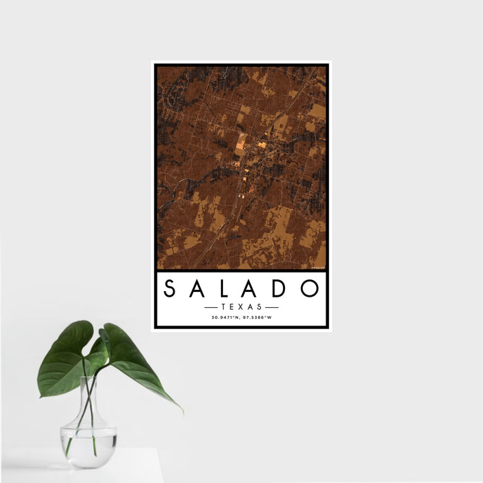 16x24 Salado Texas Map Print Portrait Orientation in Ember Style With Tropical Plant Leaves in Water