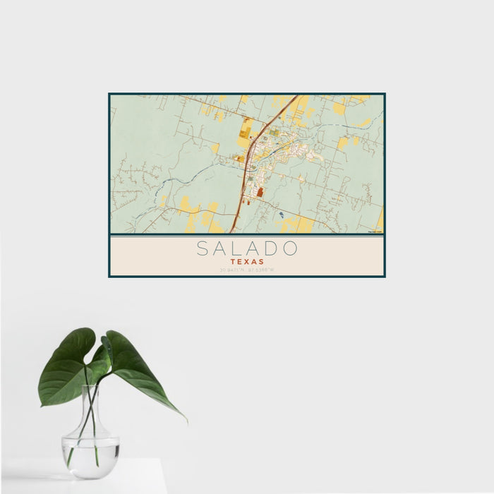 16x24 Salado Texas Map Print Landscape Orientation in Woodblock Style With Tropical Plant Leaves in Water