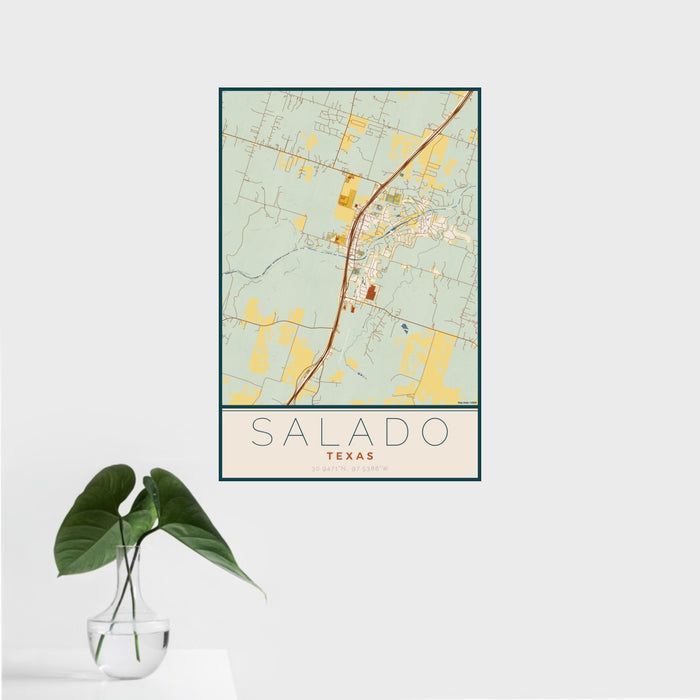 16x24 Salado Texas Map Print Portrait Orientation in Woodblock Style With Tropical Plant Leaves in Water