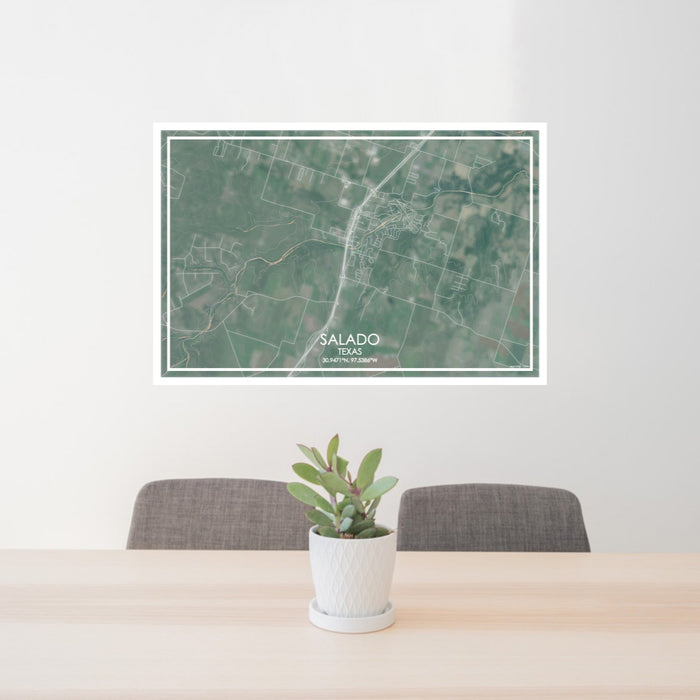 24x36 Salado Texas Map Print Lanscape Orientation in Afternoon Style Behind 2 Chairs Table and Potted Plant