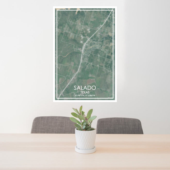 24x36 Salado Texas Map Print Portrait Orientation in Afternoon Style Behind 2 Chairs Table and Potted Plant
