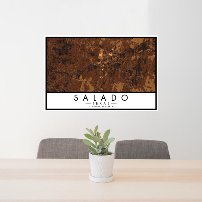 24x36 Salado Texas Map Print Lanscape Orientation in Ember Style Behind 2 Chairs Table and Potted Plant