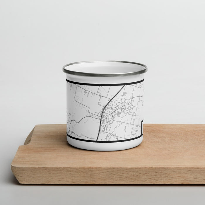 Front View Custom Salado Texas Map Enamel Mug in Classic on Cutting Board
